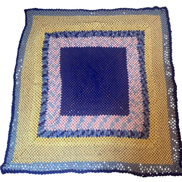 Handmade Crochet Granny Square Throw Blanket 60"x60" Multicolor Acrylic Vintage - Picture 1 of 2